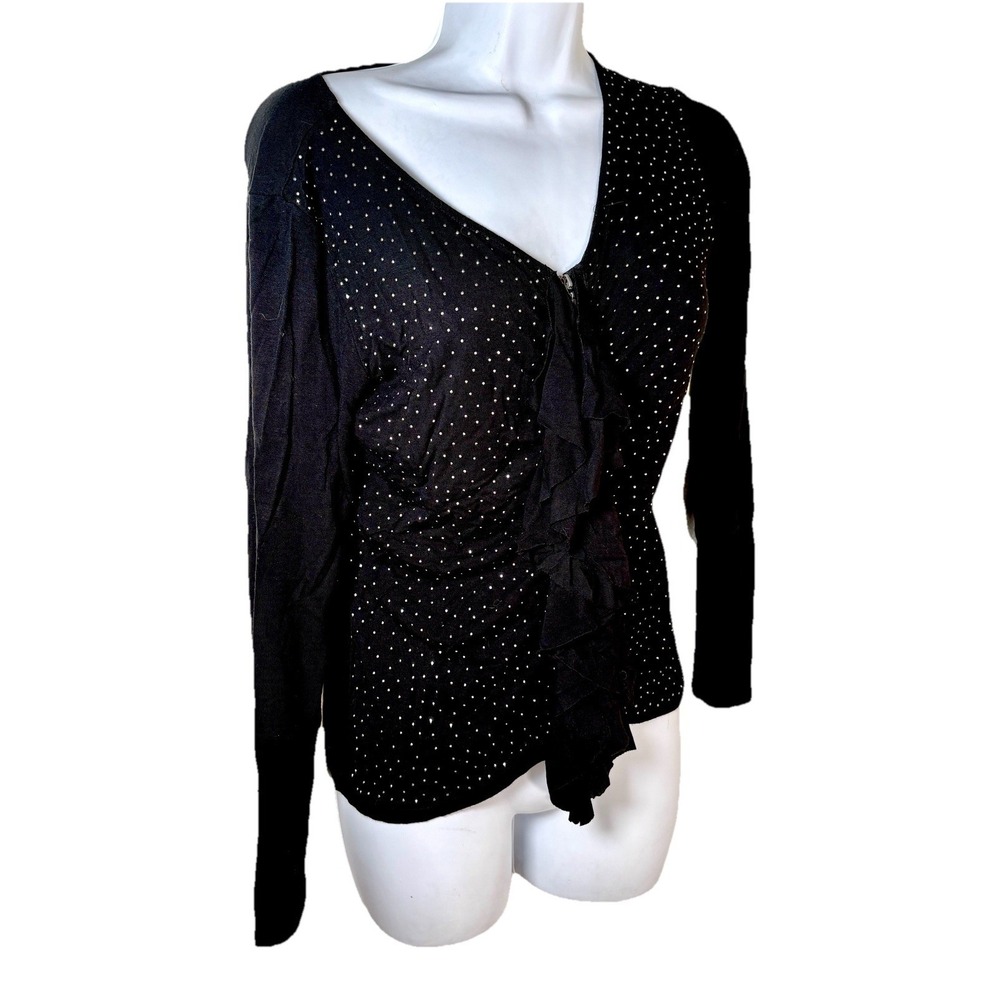 VTg Sunset Rd Black Rhinestone Zip Front Ruffle Blouse Small Whimsigoth Y2K - Picture 2 of 13